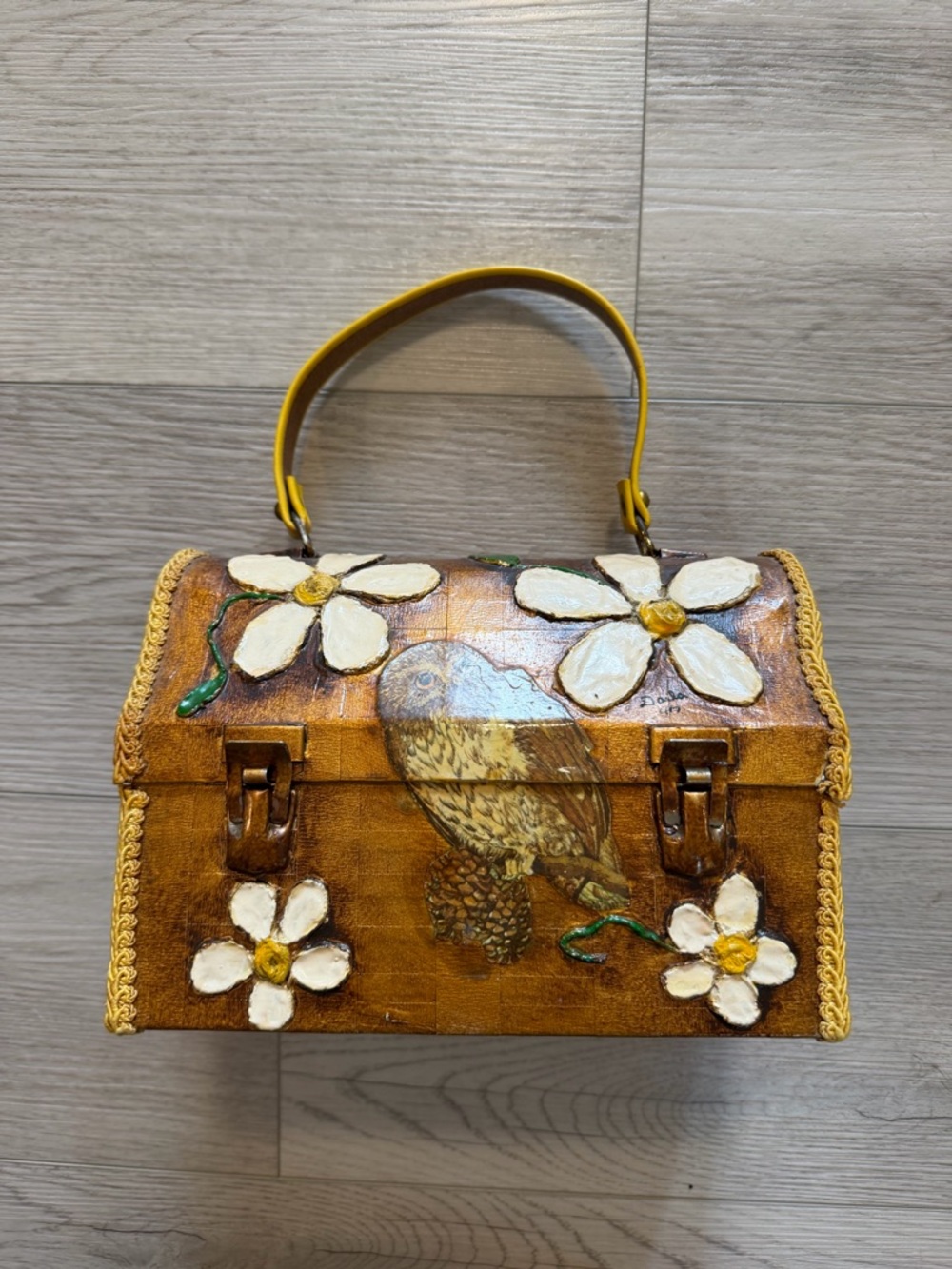VTG Box Purse Metal Handbag Decoupaged Owl Hand Painted 3D Flowers Yellow Hippie - Picture 2 of 16